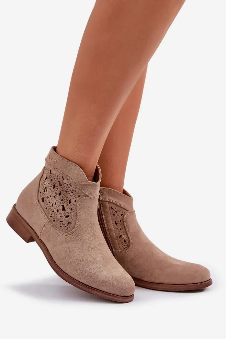 Damskie buty S.Barski Botki Ażurowe|Botki Płaskie*Ażurowe Botki Damskie Na Płaskim Obcasie S.Barski HY51-113 Beżowe