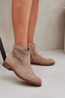 Damskie buty S.Barski Botki Ażurowe|Botki Płaskie*Ażurowe Botki Damskie Na Płaskim Obcasie S.Barski HY51-113 Beżowe