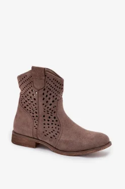 Damskie Boto Ażurowe Botki Damskie Na Płaskim Obcasie Ciemnobeżowe Amisna