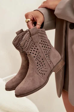 Damskie Boto Ażurowe Botki Damskie Na Płaskim Obcasie Ciemnobeżowe Amisna