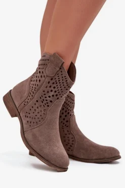 Damskie Boto Ażurowe Botki Damskie Na Płaskim Obcasie Ciemnobeżowe Amisna