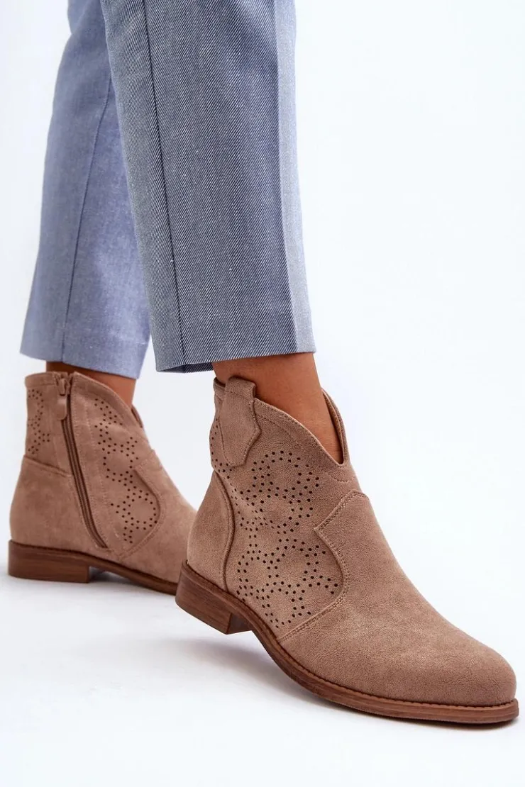 Damskie buty S.Barski Botki Wiosenne|Botki Ażurowe*Ażurowe Botki Damskie Na Płaskim Obcasie Beżowe S.Barski HY66-151