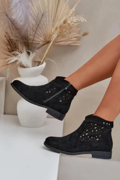 Damskie Damskie buty S.Barski Ażurowe Botki Damskie Na Płaskim Obcasie S.Barski HY51-113 Czarne