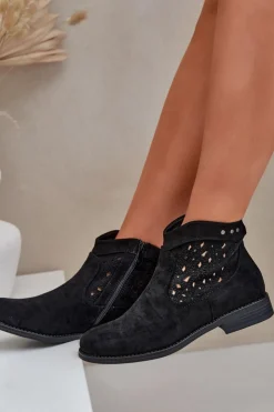 Damskie Damskie buty S.Barski Ażurowe Botki Damskie Na Płaskim Obcasie S.Barski HY51-113 Czarne