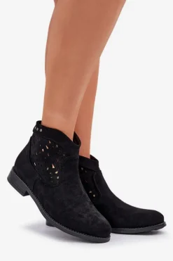 Damskie Damskie buty S.Barski Ażurowe Botki Damskie Na Płaskim Obcasie S.Barski HY51-113 Czarne