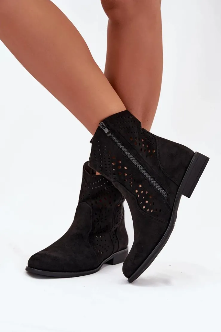 Online Boto Ażurowe Botki Damskie Na Płaskim Obcasie Czarne Amisna
