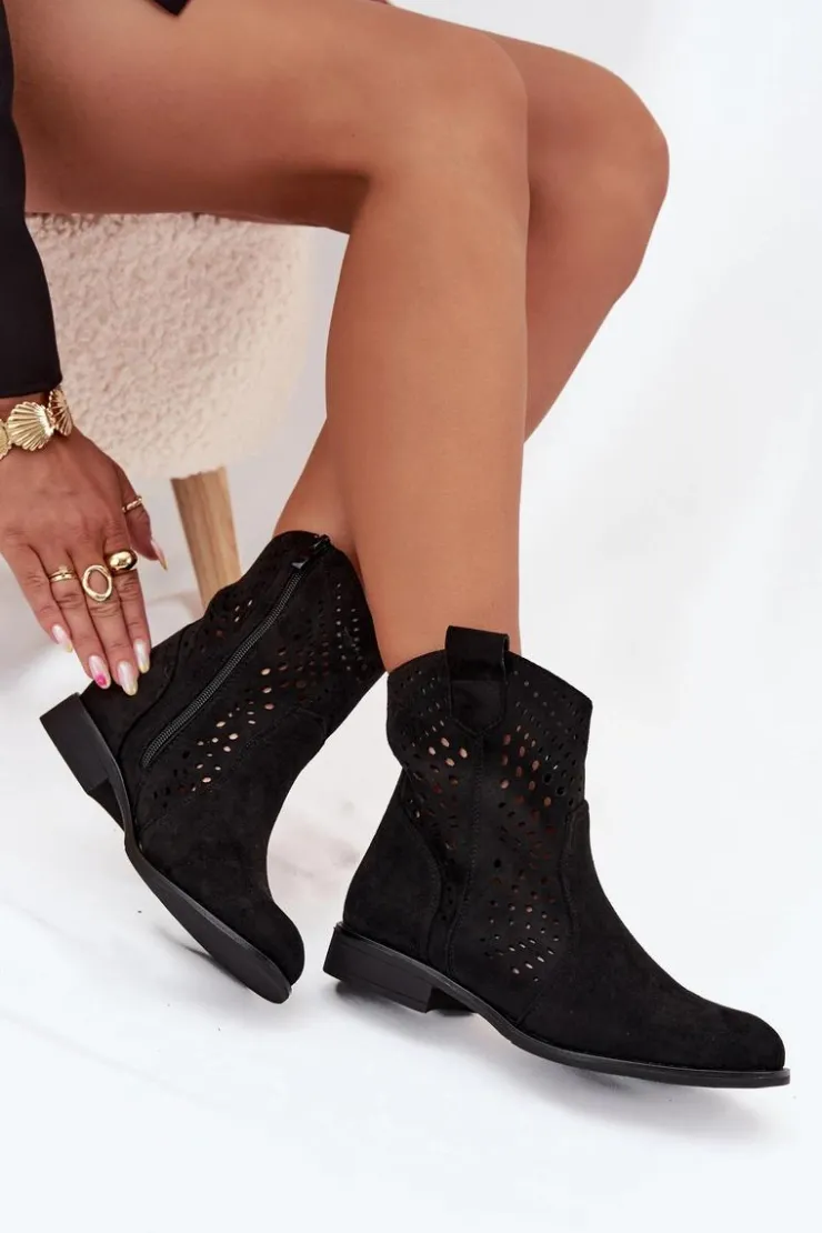 Online Boto Ażurowe Botki Damskie Na Płaskim Obcasie Czarne Amisna