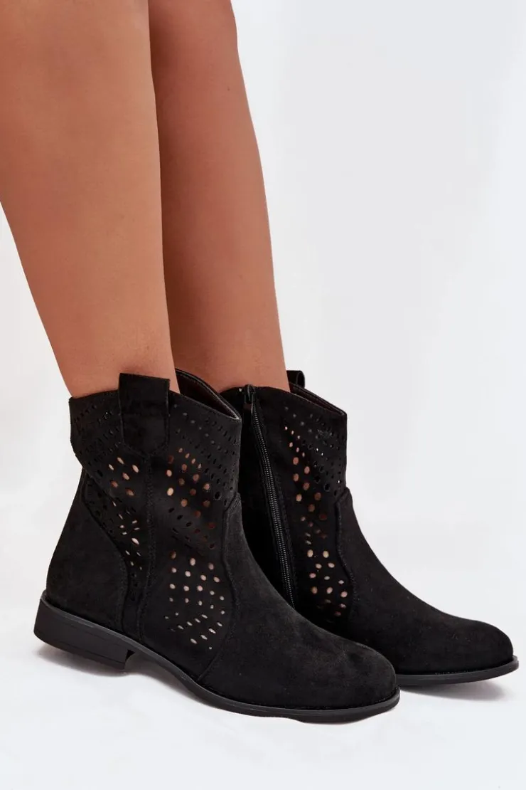 Online Boto Ażurowe Botki Damskie Na Płaskim Obcasie Czarne Amisna