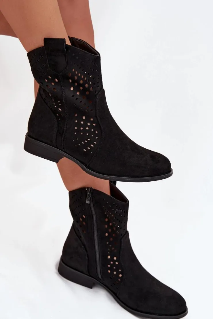Online Boto Ażurowe Botki Damskie Na Płaskim Obcasie Czarne Amisna