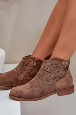 Discount Damskie buty S.Barski Ażurowe Botki Damskie Na Płaskim Obcasie S.Barski HY51-113 Brązowe Brązowy