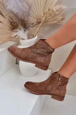 Discount Damskie buty S.Barski Ażurowe Botki Damskie Na Płaskim Obcasie S.Barski HY51-113 Brązowe Brązowy