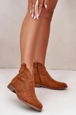 Damskie buty S.Barski Botki Ażurowe|Brązowe I Beżowe Botki*Ażurowe Botki Damskie Na Płaskim Obcasie Camel S.Barski HY42-151 Brązowy