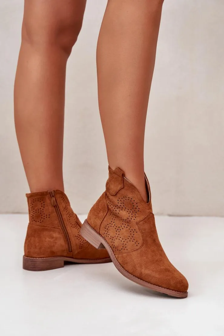 Damskie buty S.Barski Botki Ażurowe|Brązowe I Beżowe Botki*Ażurowe Botki Damskie Na Płaskim Obcasie Camel S.Barski HY42-151 Brązowy