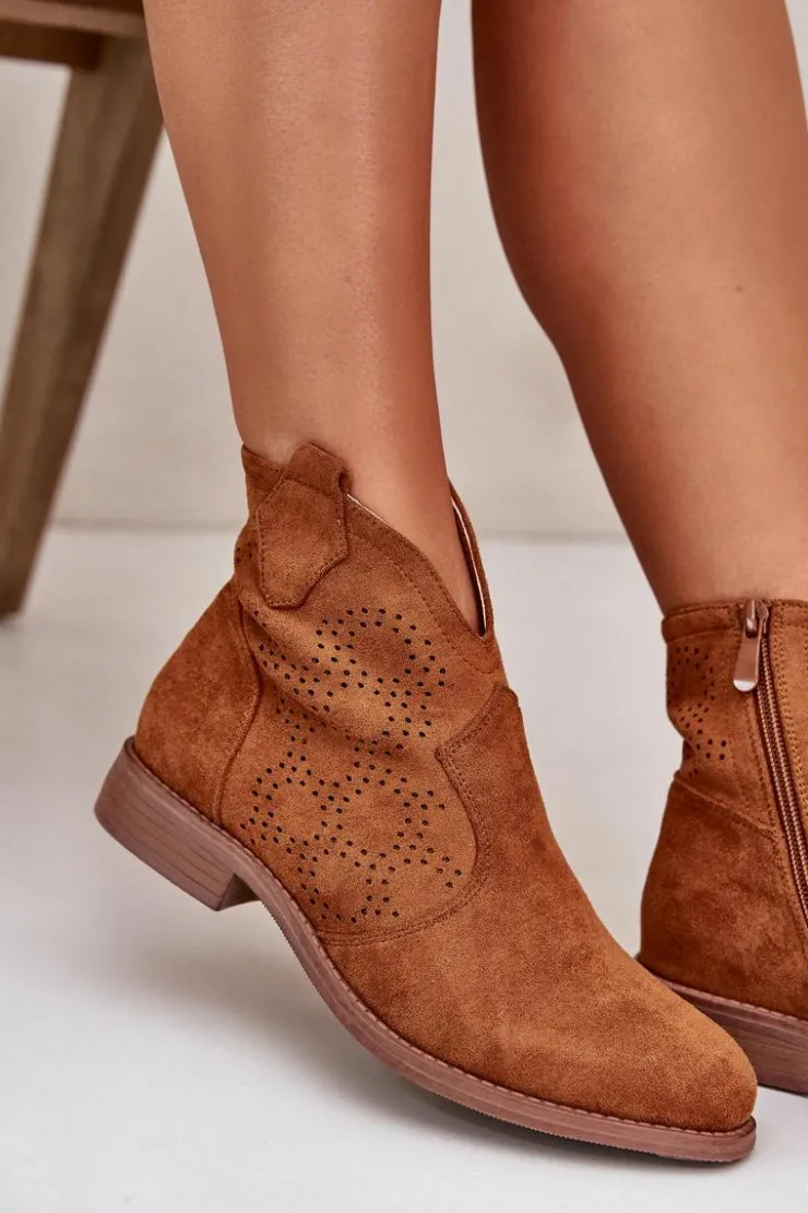 Damskie buty S.Barski Botki Ażurowe|Brązowe I Beżowe Botki*Ażurowe Botki Damskie Na Płaskim Obcasie Camel S.Barski HY42-151 Brązowy