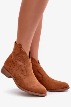 Damskie buty S.Barski Botki Ażurowe|Brązowe I Beżowe Botki*Ażurowe Botki Damskie Na Płaskim Obcasie Camel S.Barski HY42-151 Brązowy