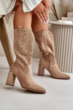 Boto Botki Na Słupku|Botki Ażurowe*Ażurowe Botki Damskie Na Słupku Z Noskami W Szpic Eko Zamszowe Ciemnobeżowe Nevithra