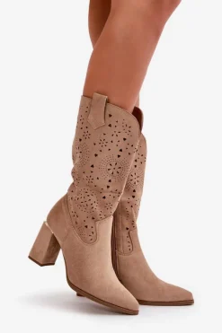 Boto Botki Na Słupku|Botki Ażurowe*Ażurowe Botki Damskie Na Słupku Z Noskami W Szpic Eko Zamszowe Ciemnobeżowe Nevithra