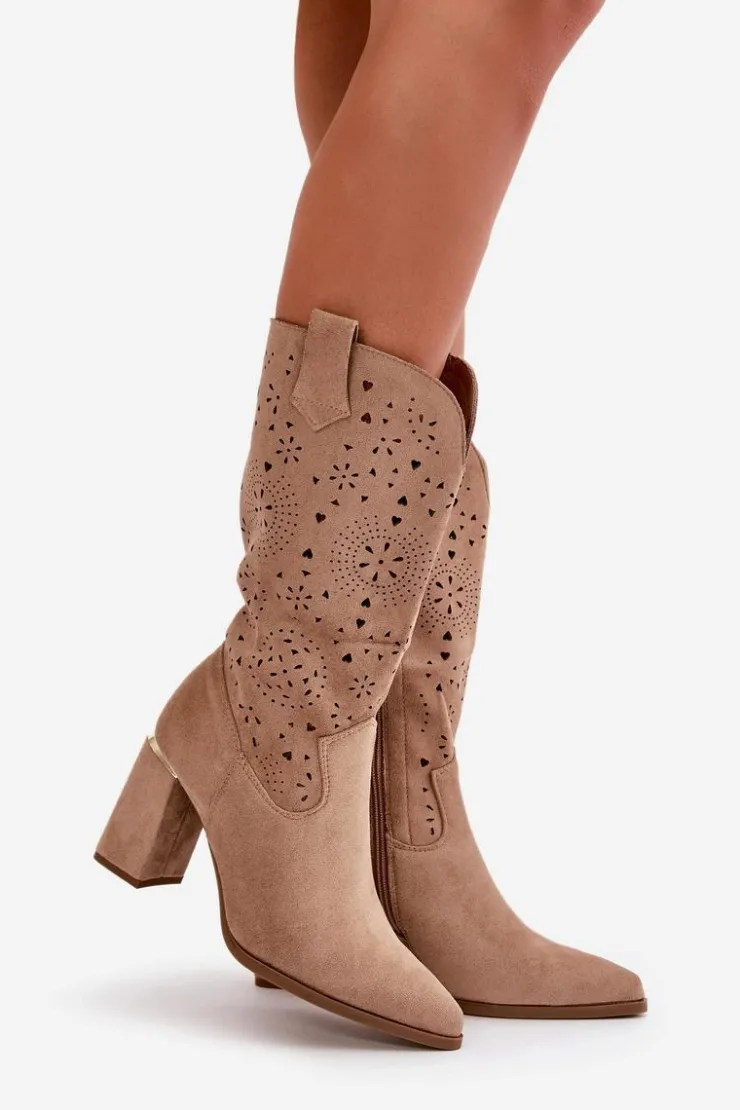 Boto Botki Na Słupku|Botki Ażurowe*Ażurowe Botki Damskie Na Słupku Z Noskami W Szpic Eko Zamszowe Ciemnobeżowe Nevithra
