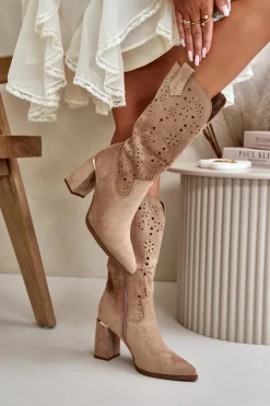Boto Botki Na Słupku|Botki Ażurowe*Ażurowe Botki Damskie Na Słupku Z Noskami W Szpic Eko Zamszowe Ciemnobeżowe Nevithra