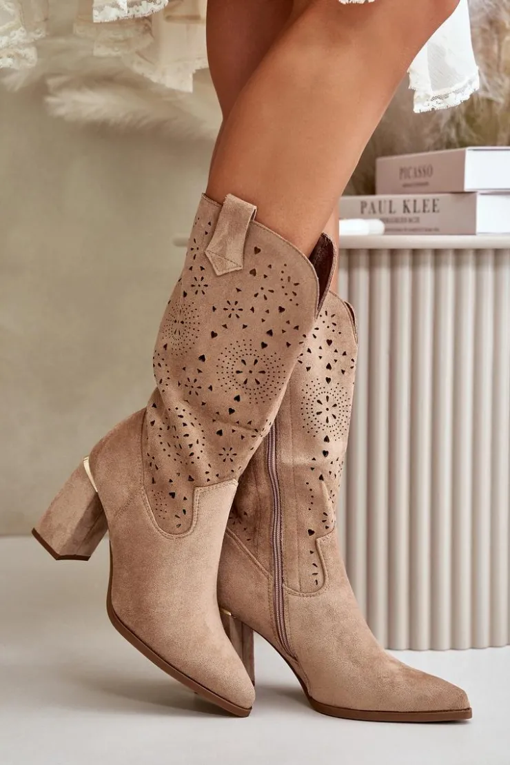 Boto Botki Na Słupku|Botki Ażurowe*Ażurowe Botki Damskie Na Słupku Z Noskami W Szpic Eko Zamszowe Ciemnobeżowe Nevithra