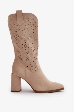 Boto Botki Na Słupku|Botki Ażurowe*Ażurowe Botki Damskie Na Słupku Z Noskami W Szpic Eko Zamszowe Beżowe Nevithra