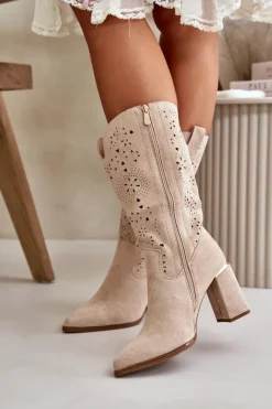 Boto Botki Na Słupku|Botki Ażurowe*Ażurowe Botki Damskie Na Słupku Z Noskami W Szpic Eko Zamszowe Beżowe Nevithra
