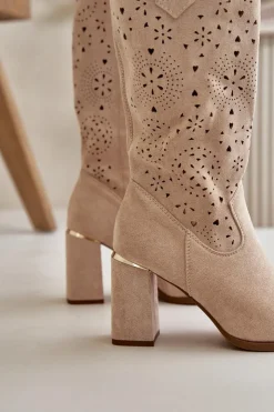 Boto Botki Na Słupku|Botki Ażurowe*Ażurowe Botki Damskie Na Słupku Z Noskami W Szpic Eko Zamszowe Beżowe Nevithra