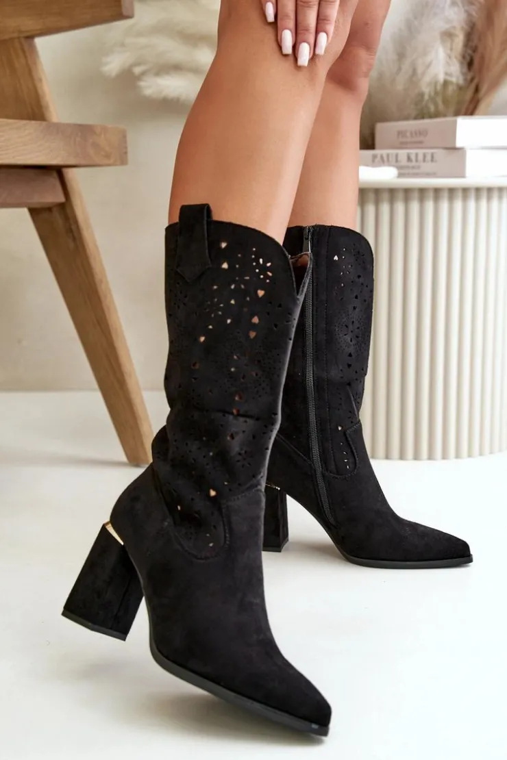 Boto Botki Na Słupku|Botki Ażurowe*Ażurowe Botki Damskie Na Słupku Z Noskami W Szpic Eko Zamszowe Czarne Nevithra Czarny