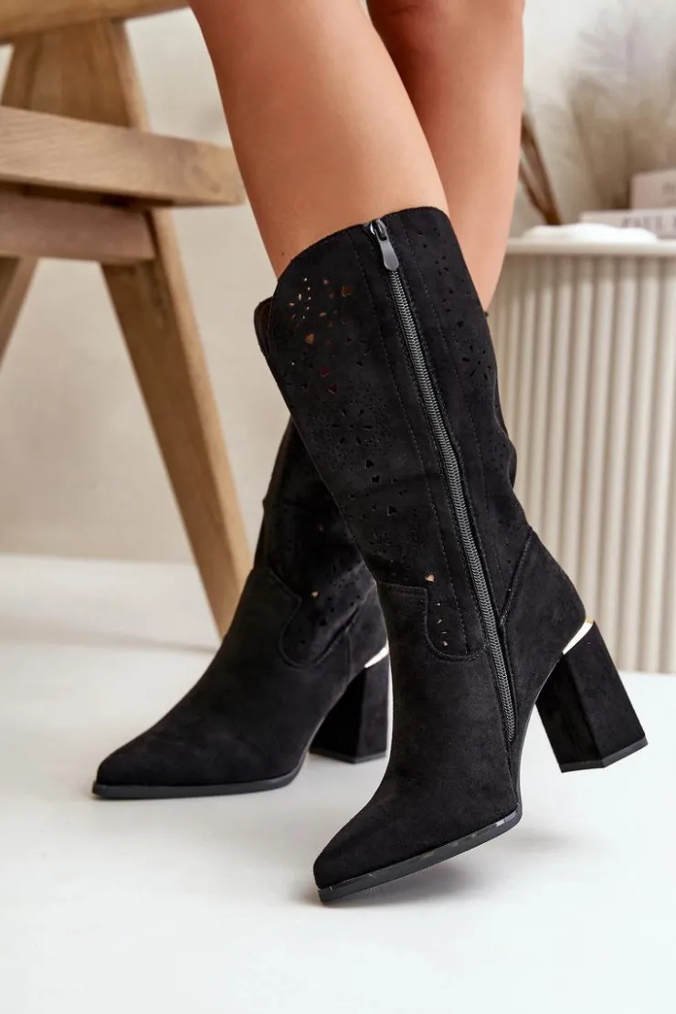 Boto Botki Na Słupku|Botki Ażurowe*Ażurowe Botki Damskie Na Słupku Z Noskami W Szpic Eko Zamszowe Czarne Nevithra Czarny