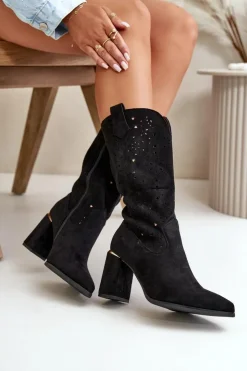 Boto Botki Na Słupku|Botki Ażurowe*Ażurowe Botki Damskie Na Słupku Z Noskami W Szpic Eko Zamszowe Czarne Nevithra Czarny