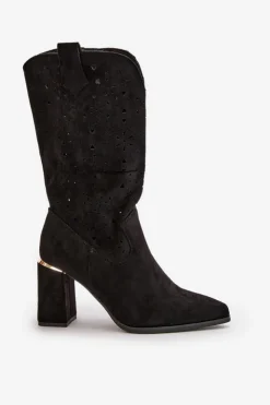 Boto Botki Na Słupku|Botki Ażurowe*Ażurowe Botki Damskie Na Słupku Z Noskami W Szpic Eko Zamszowe Czarne Nevithra Czarny