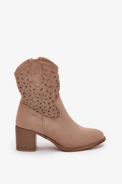 Damskie buty S.Barski Botki Na Słupku|Botki Ażurowe*Ażurowe Botki Kowbojki Damskie Na Obcasie S.Barski HY51-125 Beżowe Beżowy