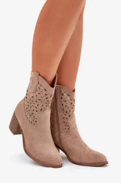 Damskie buty S.Barski Botki Na Słupku|Botki Ażurowe*Ażurowe Botki Kowbojki Damskie Na Obcasie S.Barski HY51-125 Beżowe Beżowy