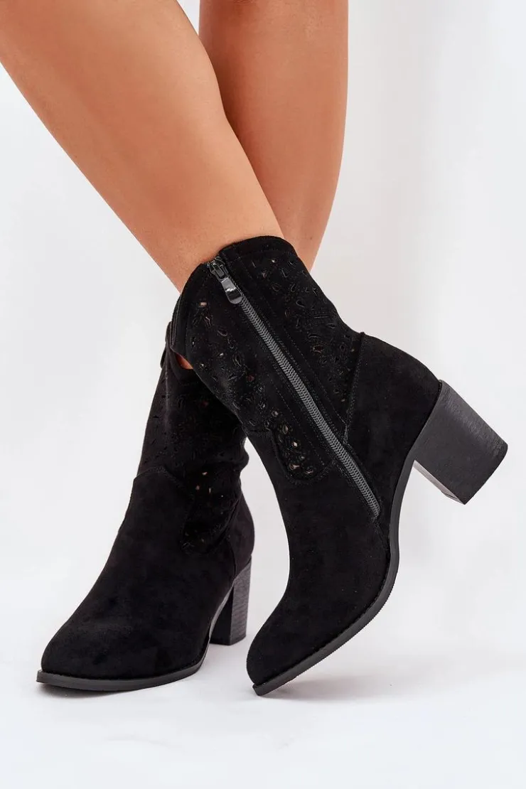 Damskie Damskie buty S.Barski Ażurowe Botki Kowbojki Damskie Na Obcasie S.Barski HY51-125 Czarne