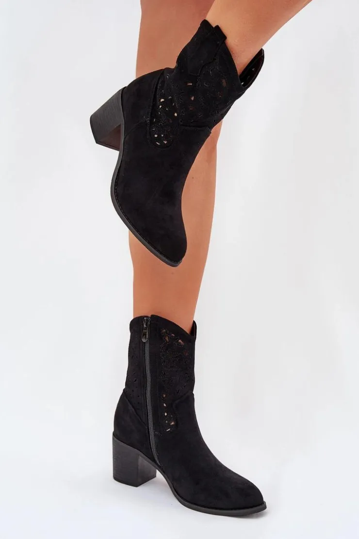 Damskie Damskie buty S.Barski Ażurowe Botki Kowbojki Damskie Na Obcasie S.Barski HY51-125 Czarne