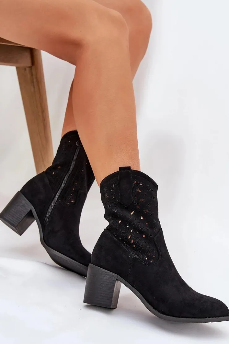 Damskie Damskie buty S.Barski Ażurowe Botki Kowbojki Damskie Na Obcasie S.Barski HY51-125 Czarne
