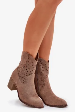 Sale Damskie buty S.Barski Ażurowe Botki Kowbojki Damskie Na Obcasie S.Barski HY51-125 Brązowe Brązowy