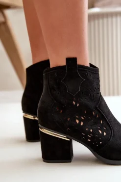 Damskie Boto Ażurowe Botki Kowbojki Na Słupku Zapinane Na Zamek Czarne Vosilara