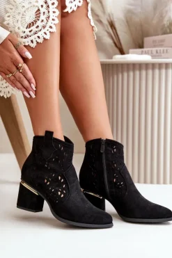 Damskie Boto Ażurowe Botki Kowbojki Na Słupku Zapinane Na Zamek Czarne Vosilara