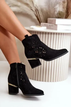 Damskie Boto Ażurowe Botki Kowbojki Na Słupku Zapinane Na Zamek Czarne Vosilara