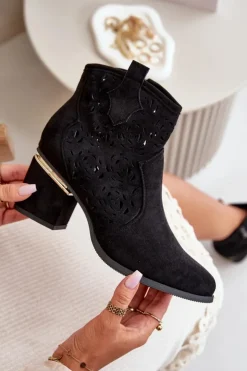 Damskie Boto Ażurowe Botki Kowbojki Na Słupku Zapinane Na Zamek Czarne Vosilara
