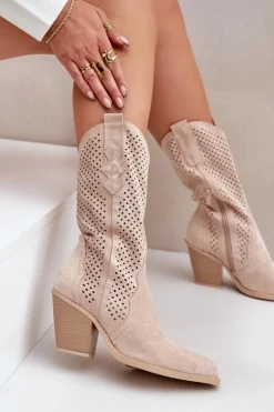 Boto Botki Na Słupku|Botki Ażurowe*Ażurowe Botki Kowbojki Na Słupku Jasnobeżowe Salive