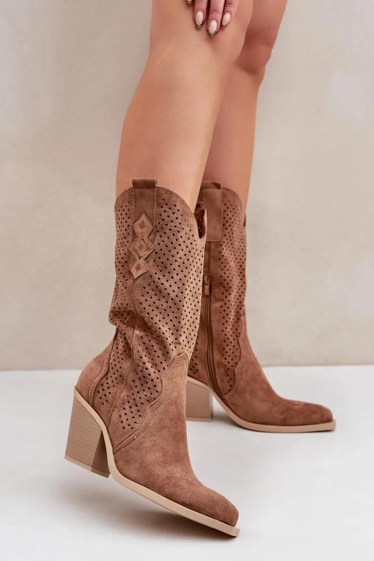 Damskie Boto Ażurowe Botki Kowbojki Na Słupku Brązowe Salive