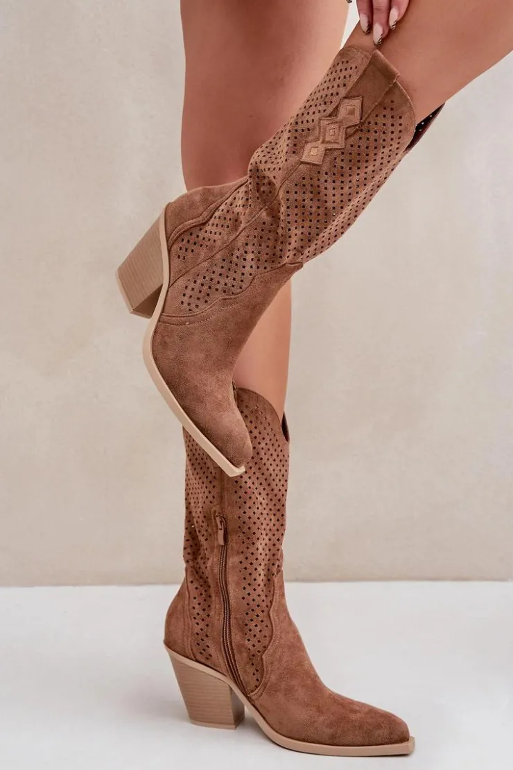 Damskie Boto Ażurowe Botki Kowbojki Na Słupku Brązowe Salive