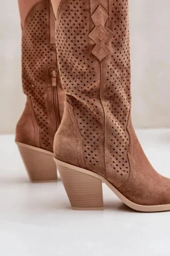 Damskie Boto Ażurowe Botki Kowbojki Na Słupku Brązowe Salive