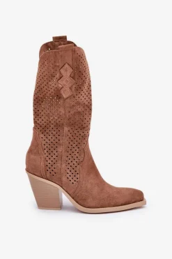 Damskie Boto Ażurowe Botki Kowbojki Na Słupku Brązowe Salive