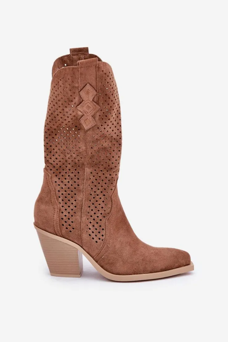 Damskie Boto Ażurowe Botki Kowbojki Na Słupku Brązowe Salive