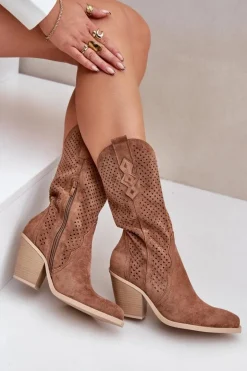 Damskie Boto Ażurowe Botki Kowbojki Na Słupku Brązowe Salive