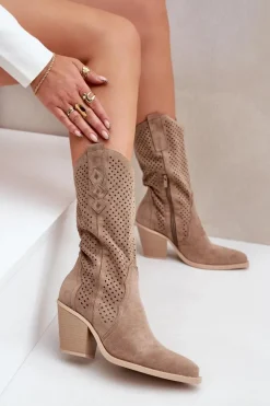 Outlet Boto Ażurowe Botki Kowbojki Na Słupku Ciemnobeżowe Salive