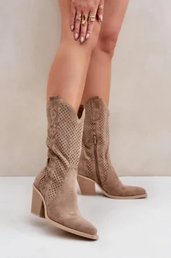 Outlet Boto Ażurowe Botki Kowbojki Na Słupku Ciemnobeżowe Salive